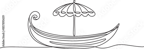 A boat with an umbrella. Onam one-line drawing. one line Art icon drawing