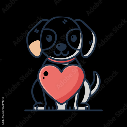 A cartoon puppy holding a red heart icon. Flat vector illustration representing pet love and adoption. Simple animal character isolated on a black background