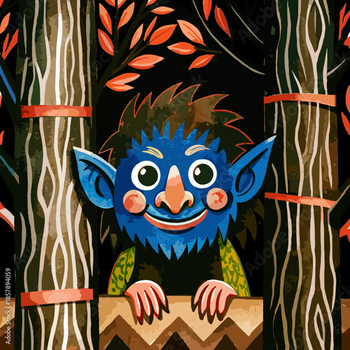 Cartoon illustration of a friendly blue troll in a dark forest. Whimsical fairytale fantasy creature peeking from behind trees. Vector graphic for children's storybooks
