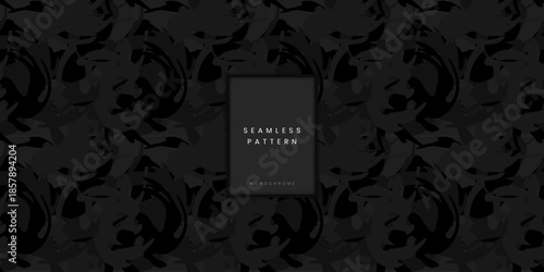 Seamless monochrome camouflage pattern or swirling camo background with curved black shapes for modern street style fashion and urban apparel textile or denim design