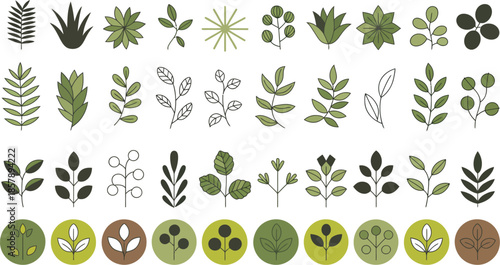 Adobe Illustrator Artwork Variety of green leaf and floral silhouettes on transparent background

