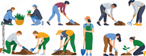 Adobe Illustrator Artwork People gardening with various tools and plants a vibrant scene on transparent background silhouette

