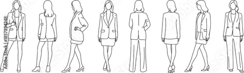 Line art sketches of women in various poses fashion design resource on transparent background silhouette

