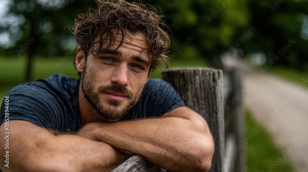 Fototapeta premium Handsome man with thoughtful expression leaning on wooden fence outdoors