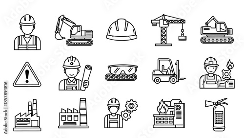 Outline Icons Set for Construction, Heavy Machinery, and Industrial Safety on Isolated White Background