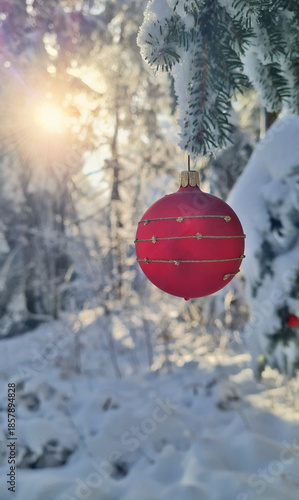 Red Christmas Bauble Hanging on Snowy Pine Branch in Winter Forest