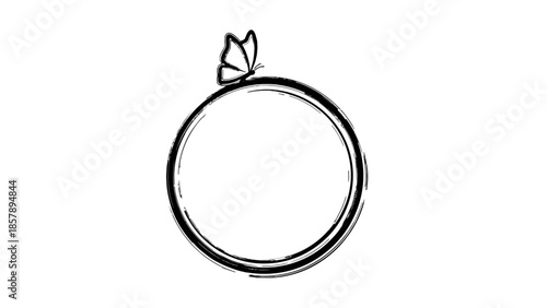 Hand Drawn Butterfly and Grunge Circle Frame Design on Isolated White Background