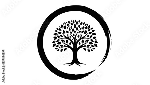 Stylized Black Tree of Life with Roots and Leaves in Zen Enso Circle, Nature Symbol, Isolated White Background