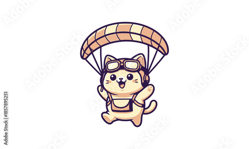 Cartoon Cat Skydiving with Parachute Illustration.