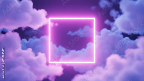 Neon square illuminated against abstract cloudscape