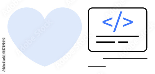Coding passion, software creation, web development, programming concepts, digital innovation, love of coding. Blue heart next to a coding symbol. Coding passion and software creation concept