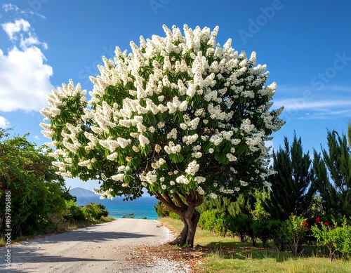 Large tree with white blossoms stands by a road, ocean view