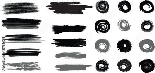 Collection of Hand-Drawn Black and Grey Brush Strokes and Swirls