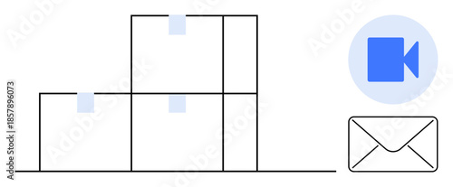 Logistics, communication, remote services, video conferencing, mail delivery, e-commerce. Stacked boxes with labels, video call icon envelope symbol. Logistics and communication concept for modern