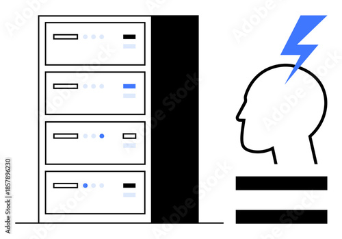 Server rack with organized drives and human head silhouette with lightning bolt. Ideal for technology, data systems, innovation, AI, computing power, brainstorming, digital development. Simple flat