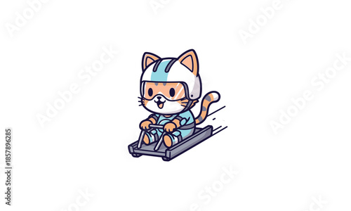 Cartoon Cat Wearing Helmet Sledding Downhill.