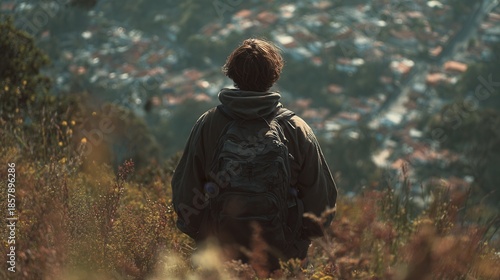 Solo traveler exploring scenic hilltop with city view