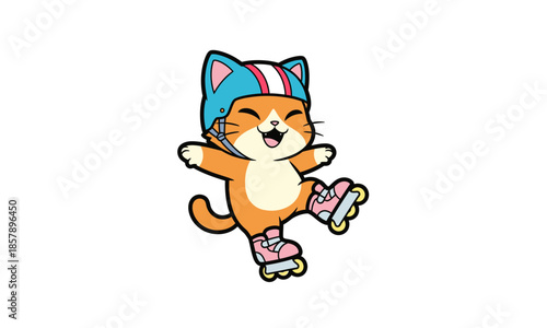 Cartoon Cat Wearing Roller Skates and Helmet.