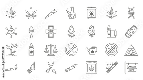 Medical Cannabis and Marijuana Plant Line Icons Set for Herbal Healthcare and Legal Growth Industry
