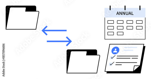 Folder icons connected by arrows, calendar labeled Annual, and a checked document page. Ideal for filing system, document transfer, data organization, planning, record management, workflow