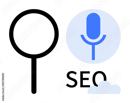 Search engine optimization, online marketing, voice search, media analysis, data strategy, research tools. Graphic shows magnifying glass, microphone SEO text and cloud. SEO and voice search