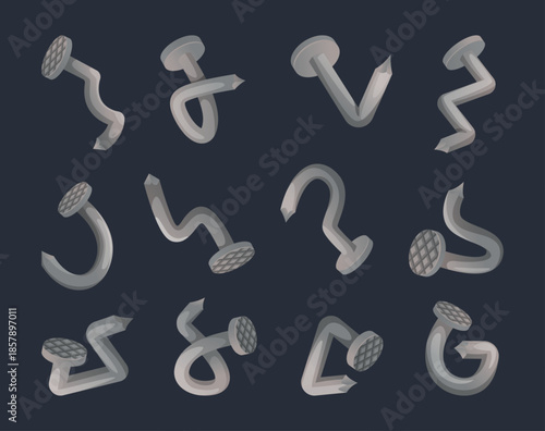 Crooked nails. damaged steel nails of different shapes