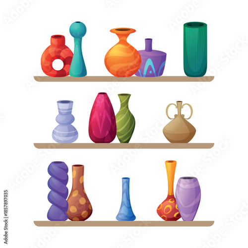 Decorative vases. a set of multi-colored vases of different shapes. vases on the shelves