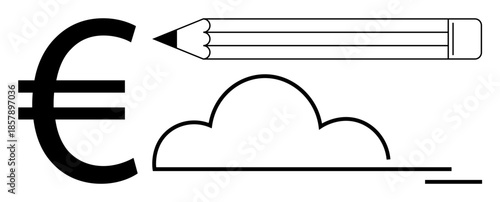 Economic ideas, creative design, brainstorming, financial planning, conceptual art, innovation. A Euro symbol, pencil and cloud outline featured. Creative design and financial planning conceptual