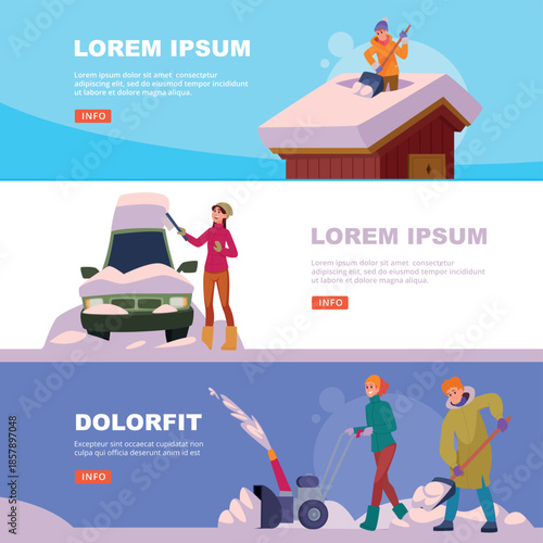 Snow time. vector banners with People shoveling snow on streets