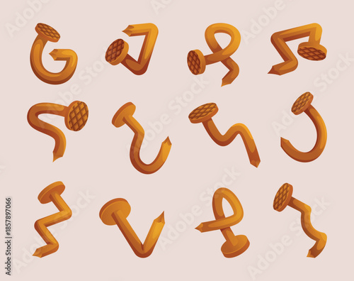 Nails. Rusty curved and damaged nails set for carpenter work exact vector tools collection for hammer