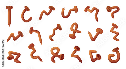 Nails. Damaged steel and rusty old curved nails exact vector cartoon illustration set isolated