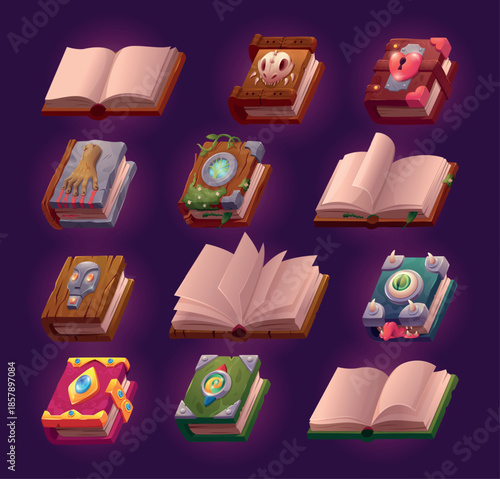 Open spell book. Fairy tale magician books for wizards or fantasy witcher exact vector cartoon magic collection of notebooks