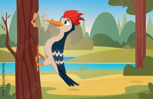 Woodpecker in forest. Flying cartoon bird mascot exact vector forest landscape with woodpecker