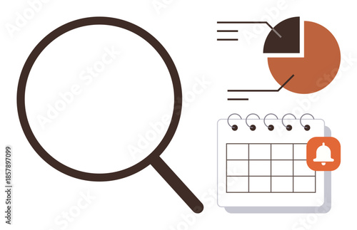 Magnifying glass with charts and calendar symbolizing research, data analysis, time management, prioritization, project planning, scheduling, and productivity. Ideal for business concepts and simple