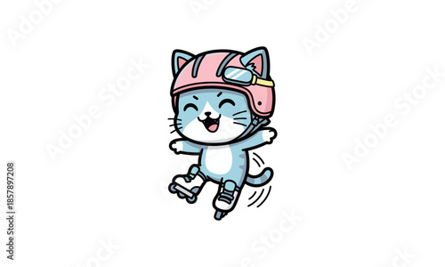 Happy Cartoon Cat Ice Skating Character.