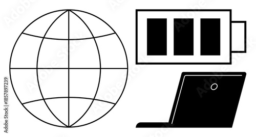 Global communication, technology, connectivity, energy, digital devices, remote work. Illustration of a globe, battery icon and laptop icon. Technology and global communication
