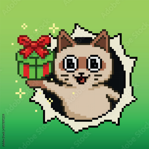Cat delivering a Christmas present, pixel art illustration