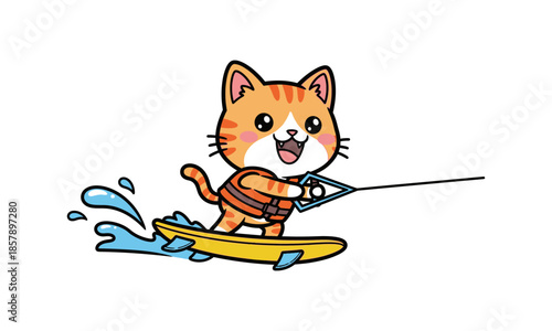 Orange Cat Water Skiing with Life Jacket.