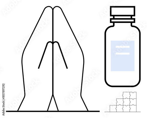 Health and healing concept. Health ed by prayer hands, medicine bottle, and puzzle for holistic well-being. Health awareness, medical care, and unity connections. Perfect for wellness, spirituality