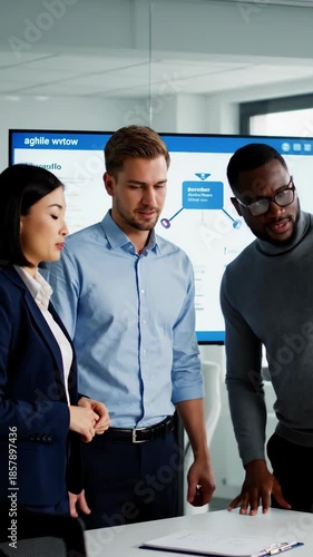 Business professionals collaborating on a presentation in a modern office setting.