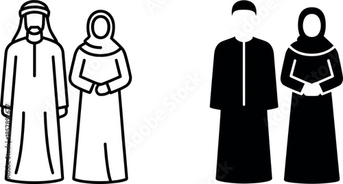 arabian men and women in traditional clothing standing side by side