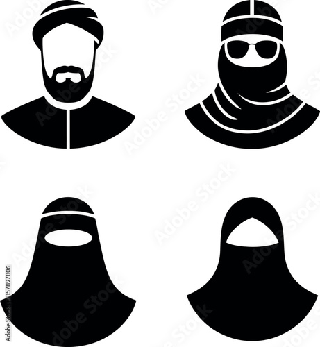Muslim people wearing traditional headscarves and face coverings