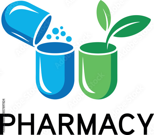 pharmacy logo with blue and green capsules and leaf
