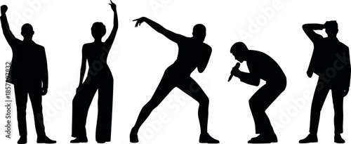 set of black human silhouettes in various dance poses isolated on white background