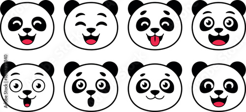 set of cute panda faces with different expressions on white