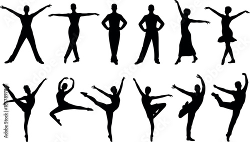 set of people in various dance poses and movements on white
