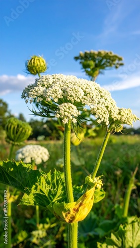 Large white flower blossoms against a blue sky, in a field