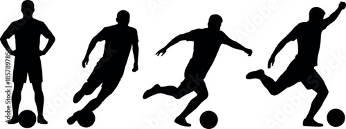 silhouette of soccer players in various poses with balls