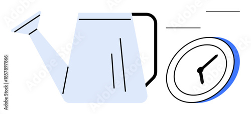 Time management, gardening, growth, sustainability, planning, productivity. Watering can and clock illustration. Time management and gardening efficient growth and sustainability