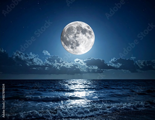 A luminous full moon casts its silvery glow over a dark ocean, reflecting on the water's surface amidst clouds and a starry night